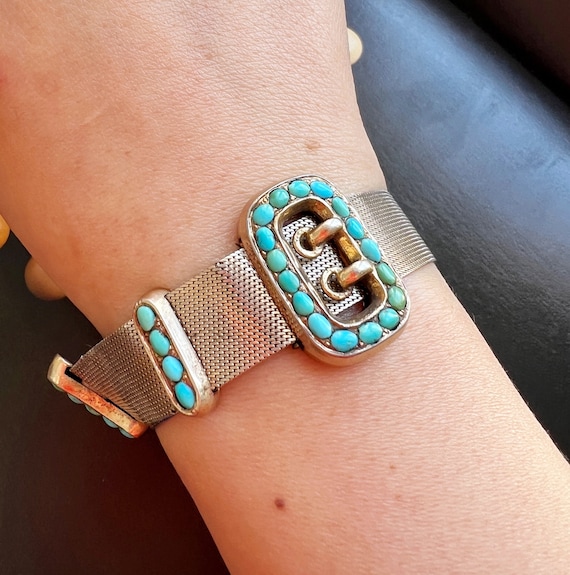 Antique Turquoise Vermeil Belt Buckle Bracelet: Victorian Silver