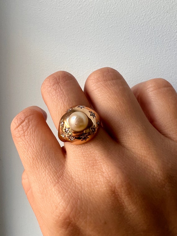 Vintage 18K gold star diamond pearl cocktail ring… - image 8