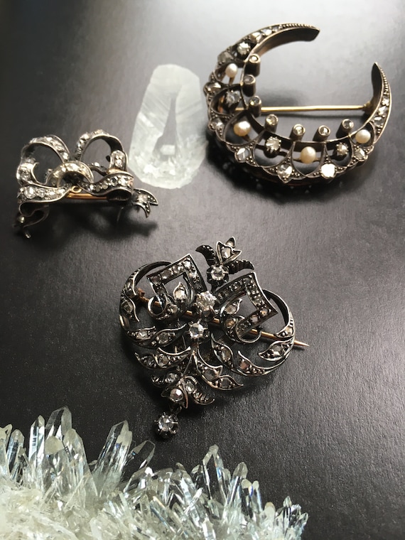 Broche Victorienne En Argent Massif Et Or 18k Avec Diamant Taille Rose (vers 1860) - Occasion