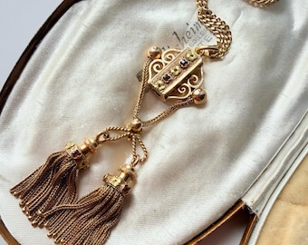 Victorian era French 18K Gold Garnets double Tassel Pendant