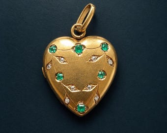 Victorian 18K Gold Heart Locket, Emeralds & Rose Cut Diamonds