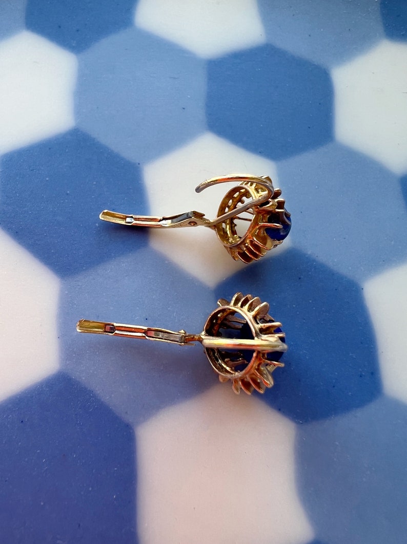 Vintage 14k gold blue Lapis Lazulis dangle earrings, little hoop earrings birthday earrings gift anniversary earrings gift stud earrings image 4