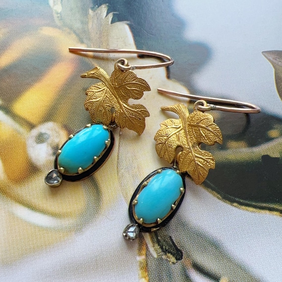 Antique Victorian 18K Gold Turquoise Diamond Maple Leaf Earrings