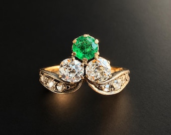 Victorian era French Antique 18K Gold Emerald & Diamond Duchess Ring