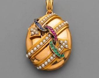 Victorian large 18K gold gemstone arrow locket pendant