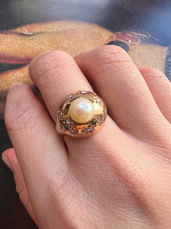 Vintage 18K gold star diamond pearl cocktail ring… - image 5