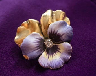 Victorian era 18K gold enamel diamond enamel pansy flower brooch
