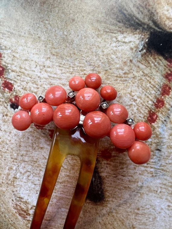 Rare antique coral pearl beads hair comb | Victor… - image 4