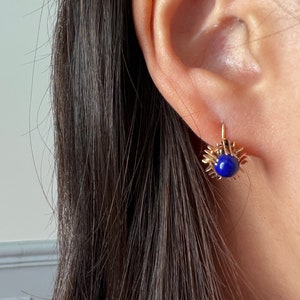 Vintage 14k gold blue Lapis Lazulis dangle earrings, little hoop earrings birthday earrings gift anniversary earrings gift stud earrings image 7