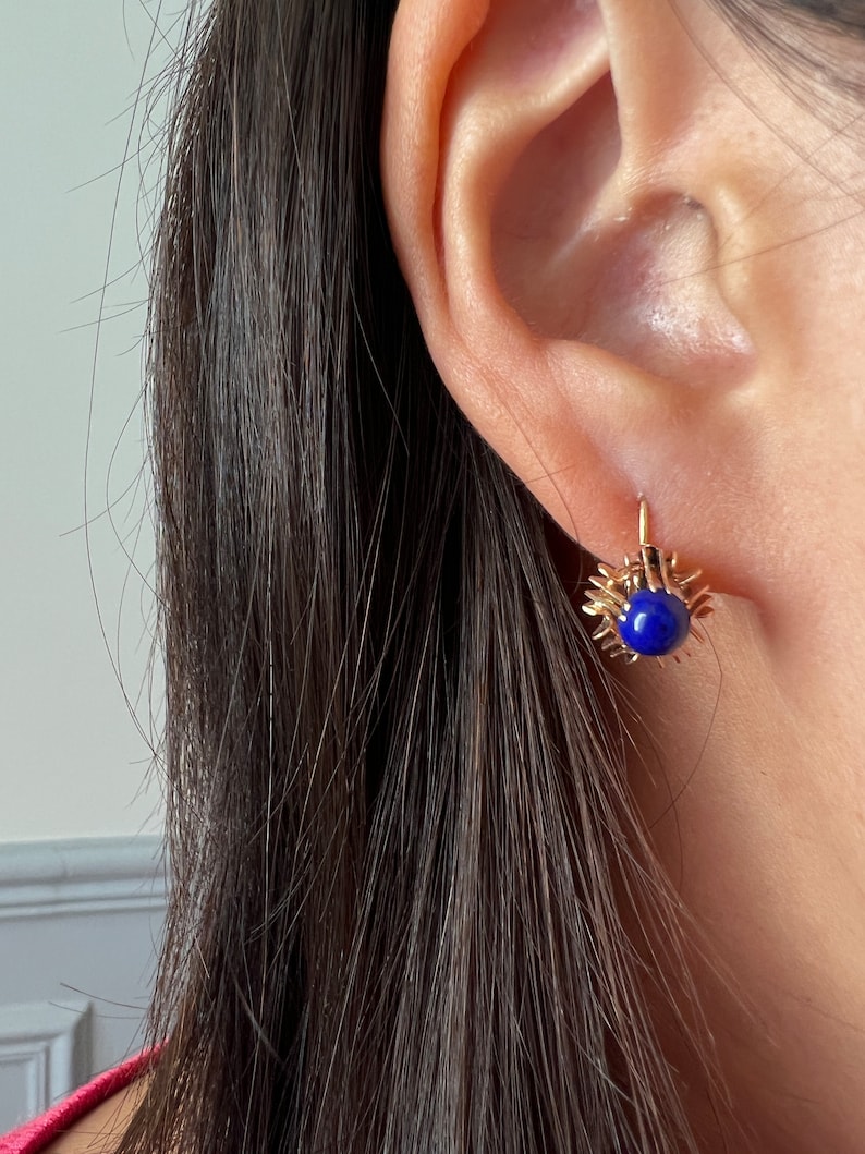 Vintage 14k gold blue Lapis Lazulis dangle earrings, little hoop earrings birthday earrings gift anniversary earrings gift stud earrings image 7