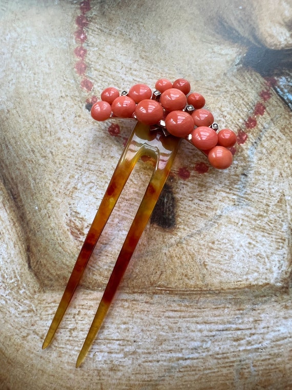 Rare antique coral pearl beads hair comb | Victor… - image 3