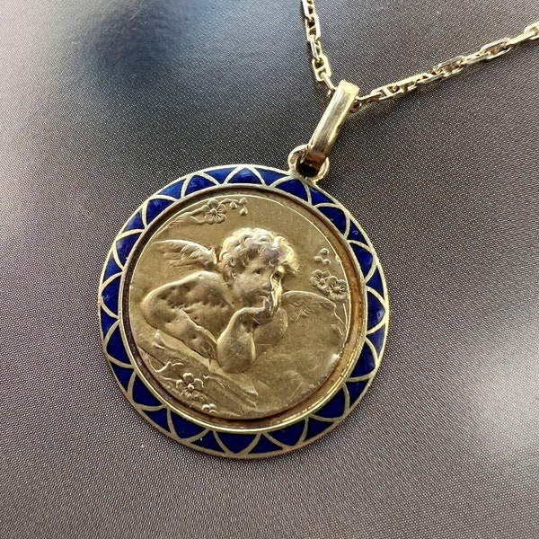 Pendentif antique de médaille d'ange en émail bleu or 18 carats, chérubin putti religieux chrétien Marie Jésus baptême médaille catholique cadeau pendentif de Noël