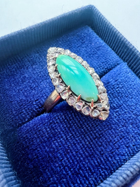 Bague Or 18k Marquise Vintage Perles Et Turquoise - Taille 43 Circa 1920