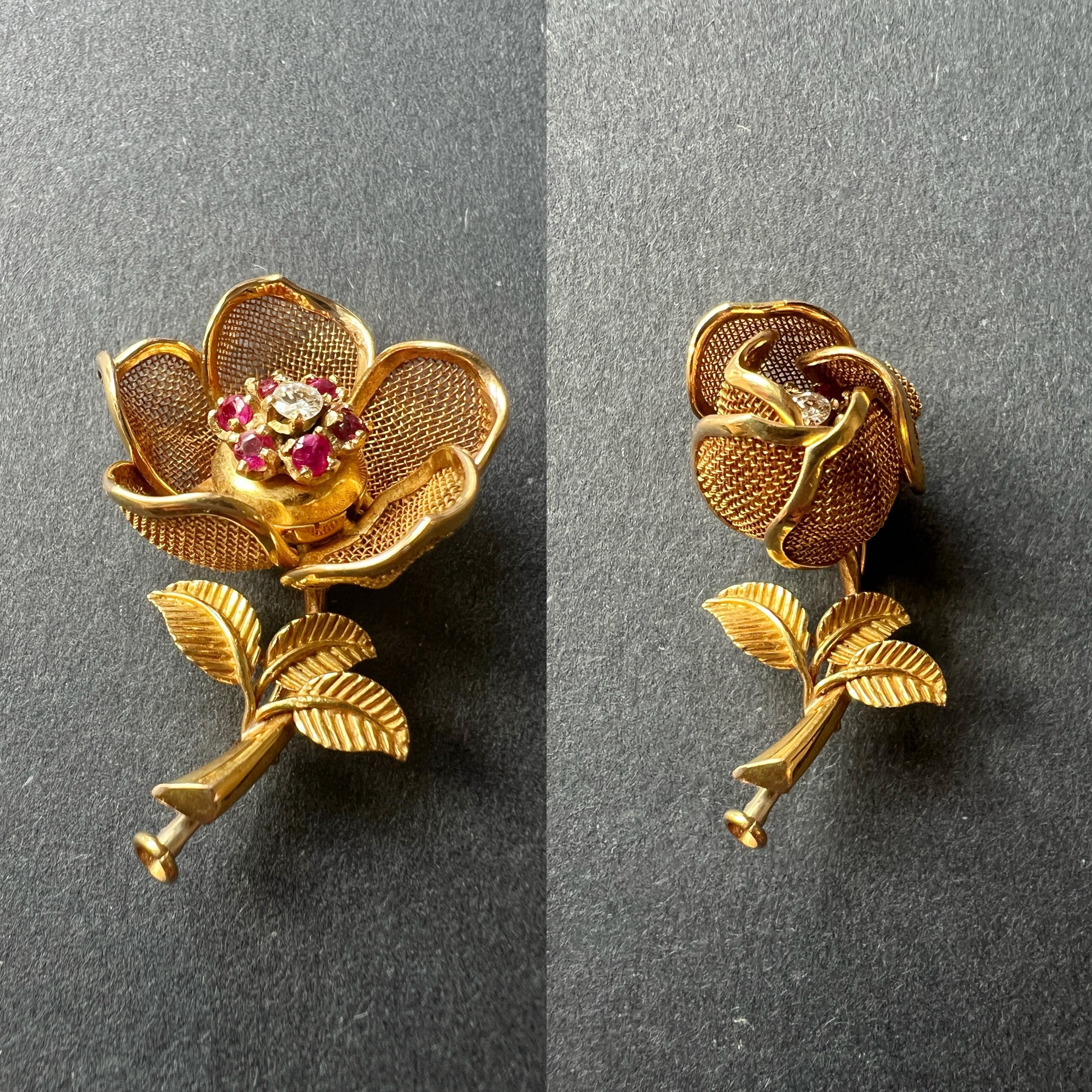ヴィンテージ 18K ゴールド ダイヤモンド ルビー 関節式フラワー 