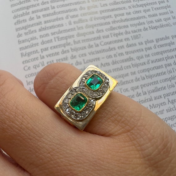 Retro 18K gold emerald and diamond French tank ri… - image 5