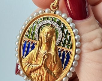 Antique 18K gold diamond pearl plique a jour enamel Virgin Mary medal pendant