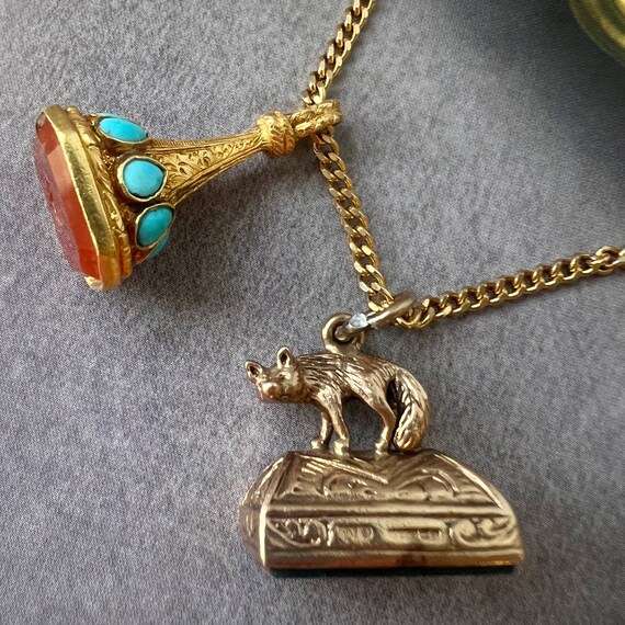 Antique 9K gold bloodstone fox fob pendant, Victo… - image 10