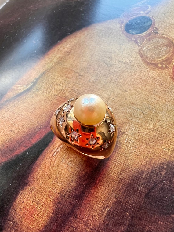 Vintage 18K gold star diamond pearl cocktail ring… - image 1