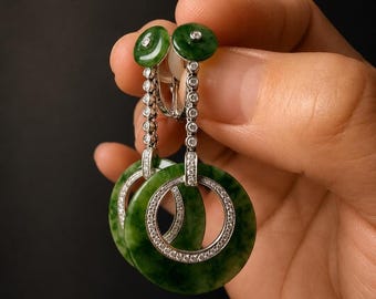 Vintage 18K white gold jade disc diamond drop earrings