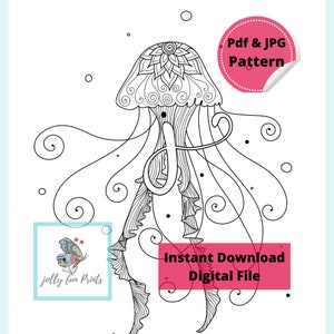 May include: Black and white line art coloring page of a jellyfish with intricate details. The jellyfish has a bell-shaped head with a mandala design and flowing tentacles. The text "Pdf & JPG Pattern" and "Instant Download Digital File" is visible in the image.