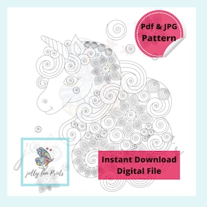 May include: A black and white line art coloring page featuring a unicorn with intricate swirls and patterns. The text "Pdf & JPG Pattern" and "Instant Download Digital File" is included in the image.