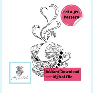 May include: Black and white line art illustration of a coffee cup with steam rising from it. The cup is decorated with intricate patterns and swirls. The text "Instant Download Digital File" is in a red box at the bottom of the image.