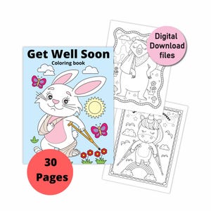 Può includere: Un libro da colorare con il titolo "Get Well Soon Coloring Book" e un'immagine di un coniglio con una gamba rotta e delle stampelle. Il libro ha 30 pagine ed è disponibile come download digitale.