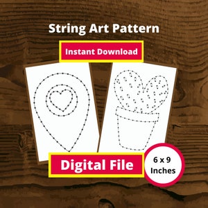 May include: Two printable string art patterns, one of a cactus in a pot and the other of a heart-shaped location pin. The patterns are 6x9 inches and are for instant download.