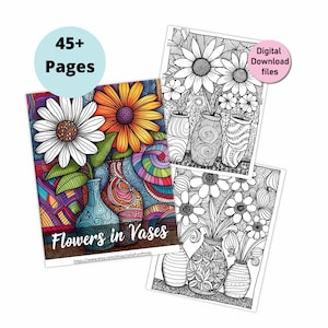 May include: A digital download of 45+ coloring pages featuring intricate line drawings of flowers in vases. The pages are perfect for adults who enjoy coloring as a relaxing hobby.