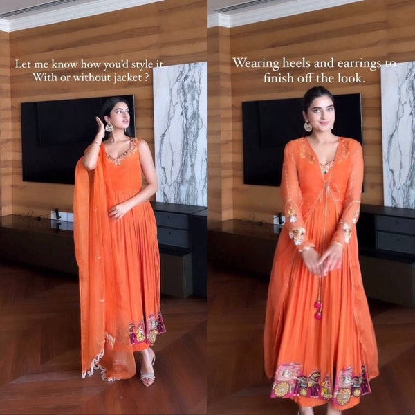 Salwar Kameez Indian Designer Orange Heavy Georgette Partywear Kurta Sharara set with sequence , thread zari work, 3 piece Readymade suit