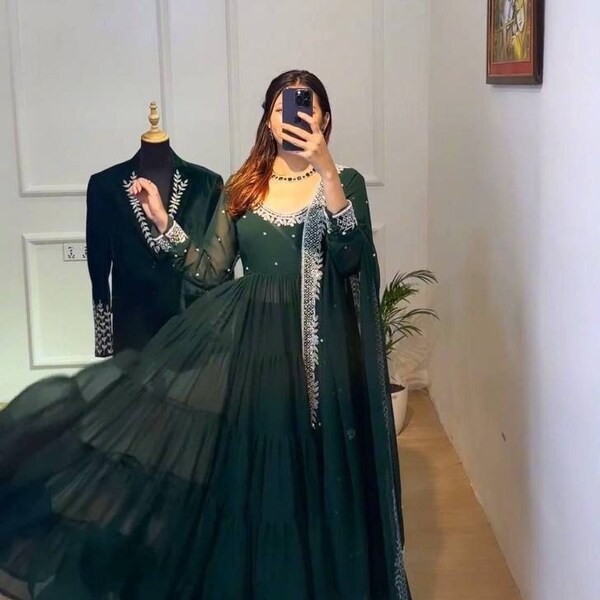 Green long Anarkali Glamorous Grace Embroidered Faux Georgette Gown, Bottom, and Dupatta Sangeet and Mehendi wedding party to wear