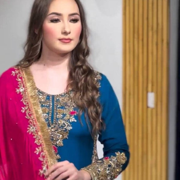 Blue Pakistani Sharara White 3 Peice Set, Heavy Embroidery Premium Stitched Indian Ethnic Wear For Women , Top + salwar  & Dupatta