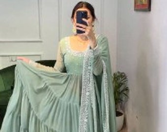 Anarkali Suit Pastle Green Moti embroidered Indian Premium Long Anarkali Kurti with Dupatta set for women Plus Size Partywear  Readymade