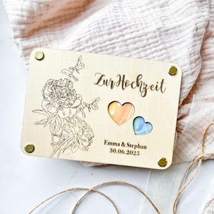Cadeau de mariage en espèces | cadeau de mariage personnalisé pour les mariés | Emballage cadeau argent | Carte de mariage en bois avec noms