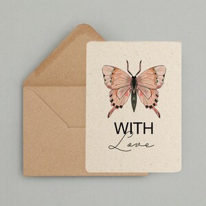 Carte d’amour « With Love » – motif papillon A6 | Papier kraft ou papier herbe avec enveloppe | Carte de vœux affectueuse