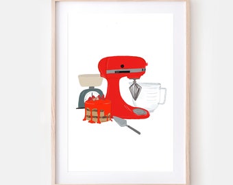 Küchenbild „Kitchenaid Love" | Küchendeko | Illustrierte Küchenmaschine Din A4 | Küchendekoration | Backstube Poster | Geschenk Backliebe