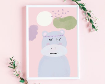 Bild für Kinderzimmer "Happy Hippo" Kunstdruck in A4 Bild | Poster | rosa Tierbild | Kinderzimmer Poster | Wandbild Mädchenzimmer