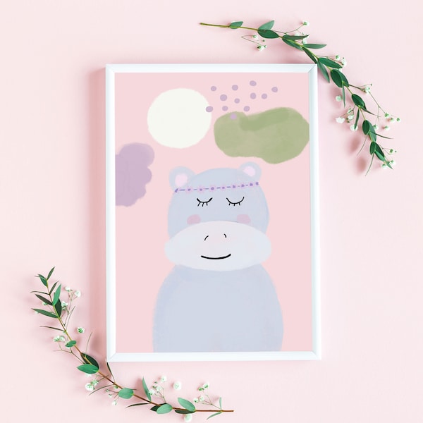 Picture for children's room "Happy Hippo" art print in A4 picture | Poster | pink animal picture | Children's Room Poster | Mural Girl's Room