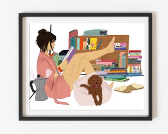 Reading girl |library girl | Books illustration DinA4 | Dog drawing