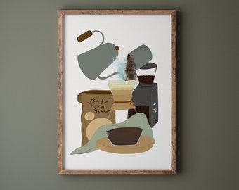 Kitchen picture "Cafe" | Coffee Art | Image | Kitchen Mural | Brew Coffe Drawing | Retro Kitchen Art |Brewed Coffee Illustration