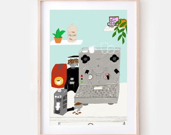 Kitchen picture COFFEE MACHINE for the kitchen, portafilter machine picture, kitchen poster | Espresso machine drawing | Still life print