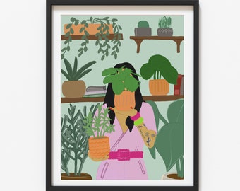 Houseplant Print "Plant Lady" Art Print in A4 | Woman with plants | Bathroom picture | Plant lovers | Illustration of house plants