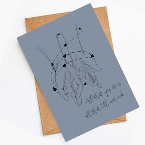 Liebeskarte  "All I need" & Umschlag | Jahrestagskarte | Für Verliebte | Karte Hand in Hand | Postkarte Valentinstag