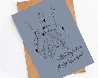 Liebeskarte  "All I need" & Umschlag | Jahrestagskarte | Für Verliebte | Karte Hand in Hand | Postkarte Valentinstag
