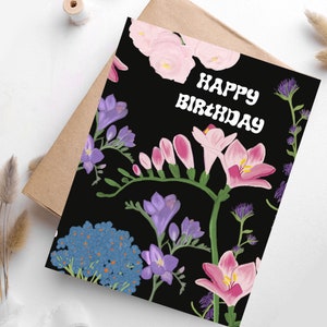 Tarjeta de cumpleaños moderna con motivo floral. Tarjeta de cumpleaños con flores para mujer. Tarjeta floral con ilustración de flores.