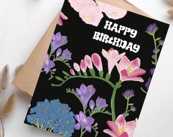 Carte d'anniversaire moderne avec motif floral. Carte d'anniversaire avec fleurs pour femme. Carte florale avec illustration de fleurs.
