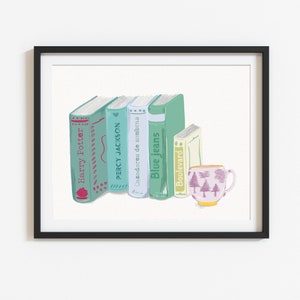 Book poster "Books and tea" personalized with the titles of your favorite books, art print for readers, fine art print book lovers