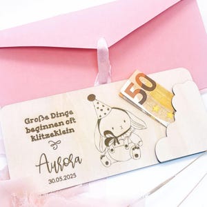 Cadeau d'argent en bois personnalisé pour naissance ou baptême – cadeau pour filleul ou bébé, carte et décoration en un