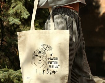 &quot;BRAVE&quot; tote bag – cotton bag with motivational slogan | 45 x 42 cm shopping bag with long handles