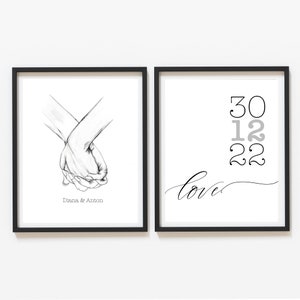 Regalo de boda, imagen personalizada AMOR, regalo de boda, regalo de aniversario, 2 x conjunto de imágenes Din A4 para recién casados, fecha de boda